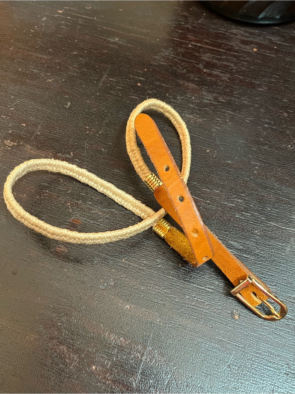 70s Boho Woven Rope & Tan Leather Belt